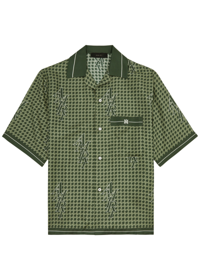 Shop Amiri Houndstooth Logo-print Silk-satin Shirt In Green