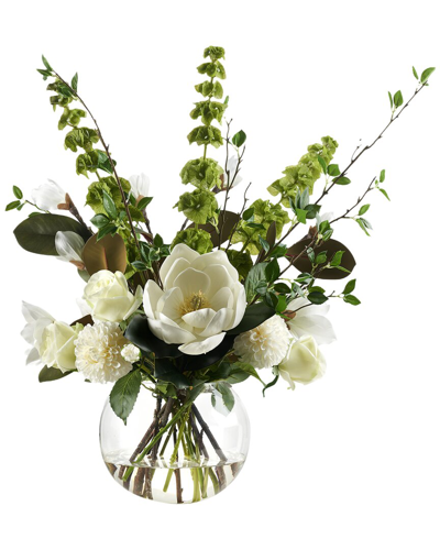 D&w Silks Bells Of Ireland, Magnolias, And Assorted Flowers In Glass Bowl In White
