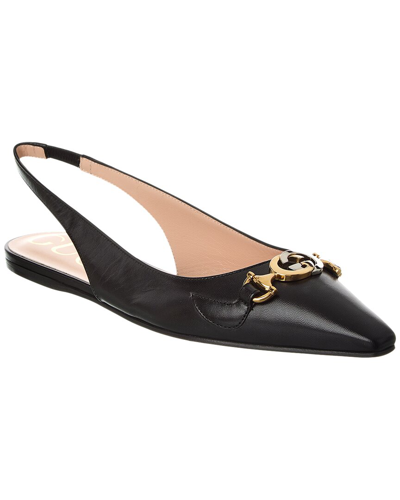 Shop Gucci Gg Leather Slingback Flat In Black