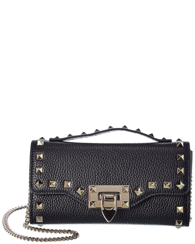 Shop Valentino Rockstud Grainy Leather Wallet On Chain In Black