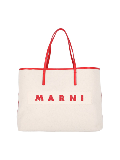 Shop Marni Logo Tote Bag In Cream