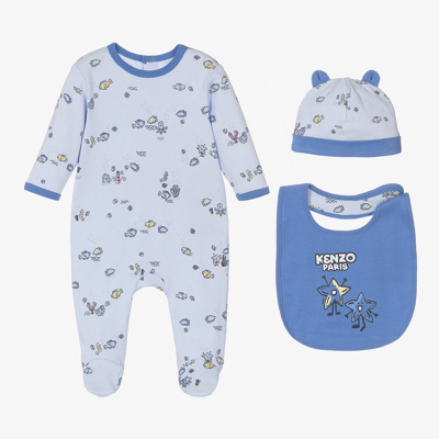 Shop Kenzo Kids Blue Sealife Print Cotton Babysuit Set