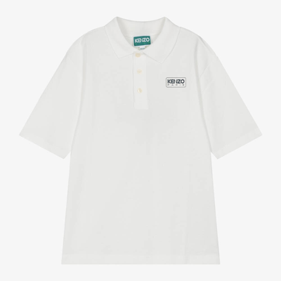 Shop Kenzo Kids Teen Boys White Cotton Polo Shirt