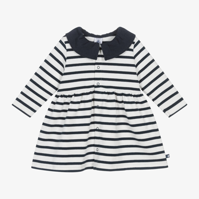 Petit Bateau Girls White & Blue Breton Stripe Dress In White