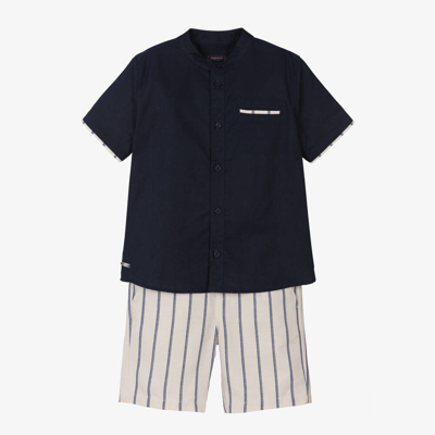 Shop Mayoral Boys Blue Cotton & Linen Stripe Shorts Set