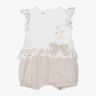 Shop Ido Mini Baby Girls Beige Cotton & Linen Shortie In Ivory