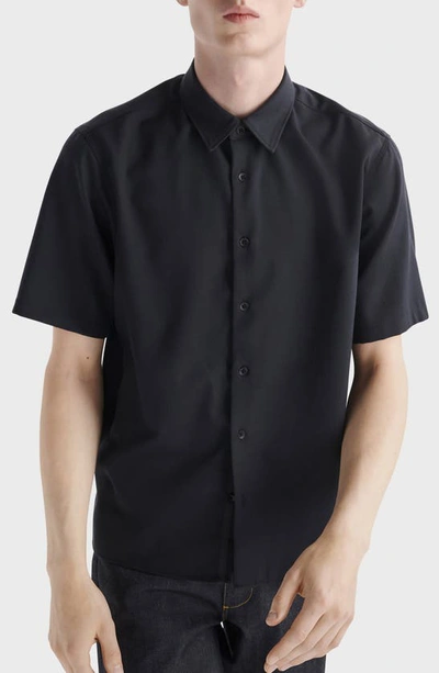 Shop Rag & Bone Dalton Wool Blend Crepe Short Sleeve Button-up Shirt In Blk