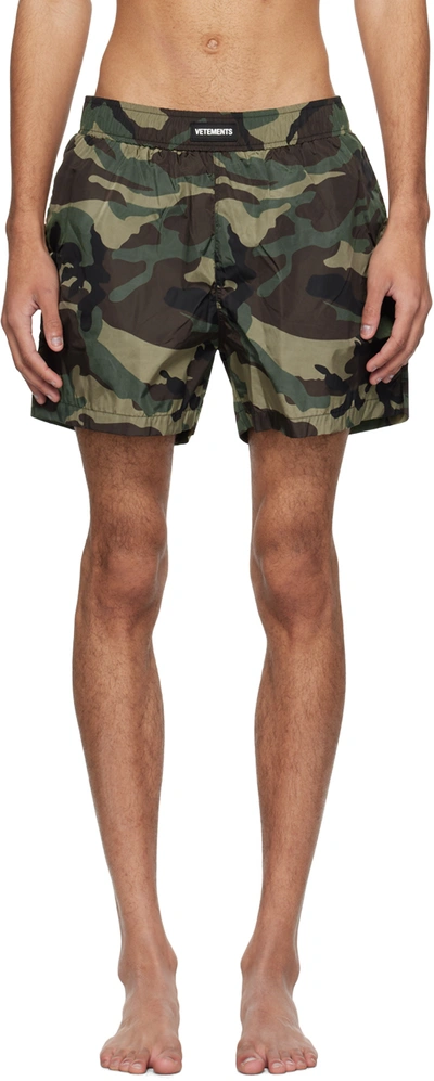 Shop Vetements Green Camouflage Swim Shorts
