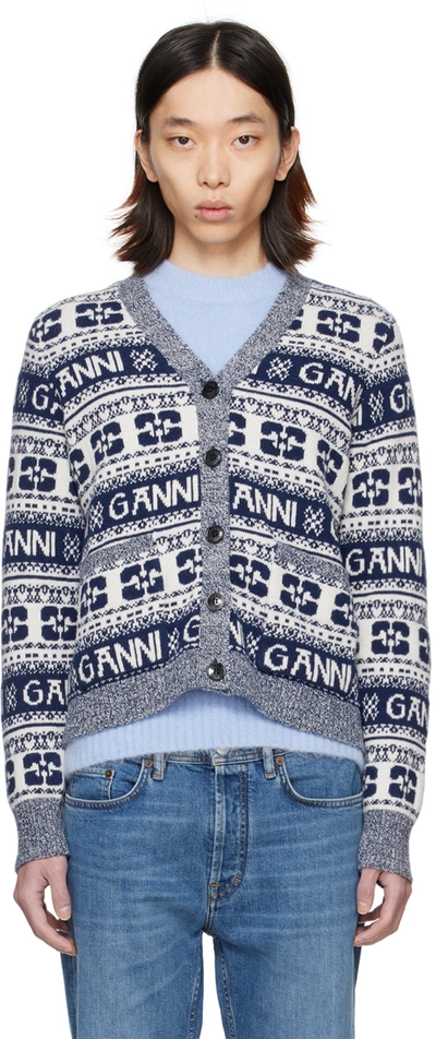 Shop Ganni Navy & White Patch Pocket Cardigan In Sky Captain
