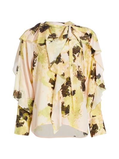 Shop Victoria Beckham Women's Abstract Silk Ruffle-trimmed Blouse In Peach Lime