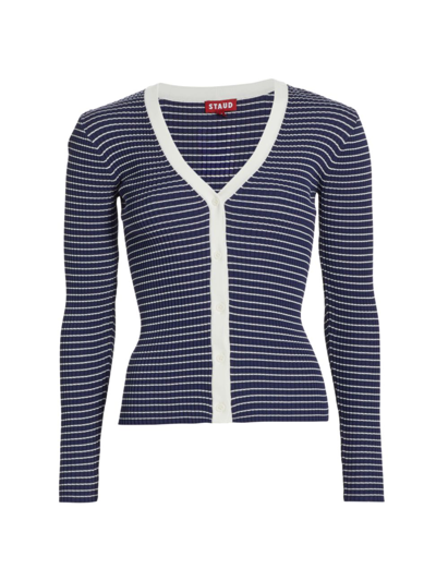 Shop Staud Women's Cargo Rib-knit V-neck Cardigan In Navy Micro Stripe