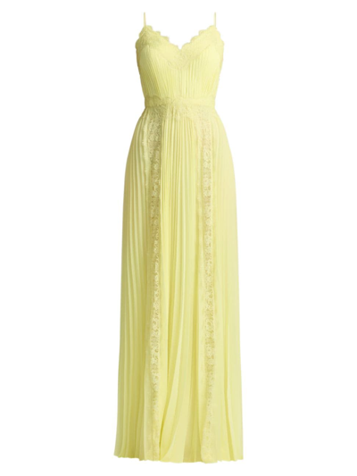 Shop Zac Posen Women's Lace-trimmed Pleated Chiffon Gown In Limoncello