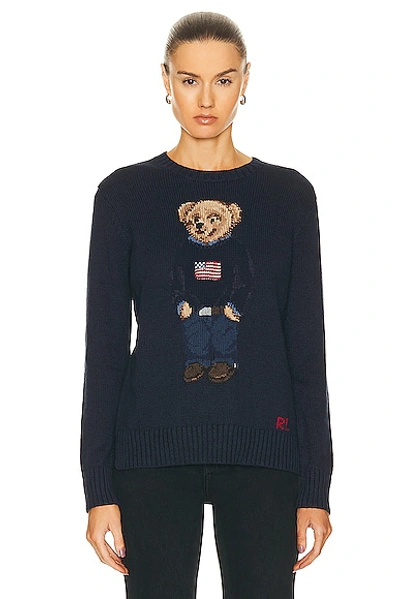 Polo Ralph Lauren Polo Bear Intarsia Cotton And Linen Sweater In Navy Multi