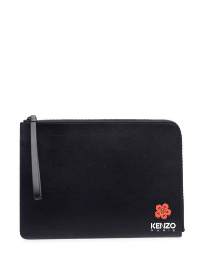 Shop Kenzo Black Clutch Bag With Logo Patch And Wrist Strap In Leather Man