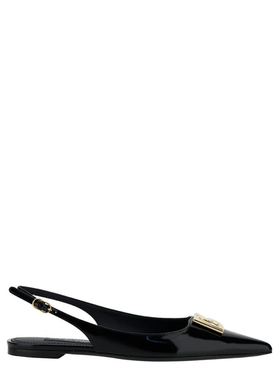 Shop Dolce & Gabbana Black Slingback Flats With Logo Detail In Patent Leather Woman