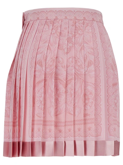Shop Versace Pink Pleated Mini Skirt With Barocco Motif In Silk Woman