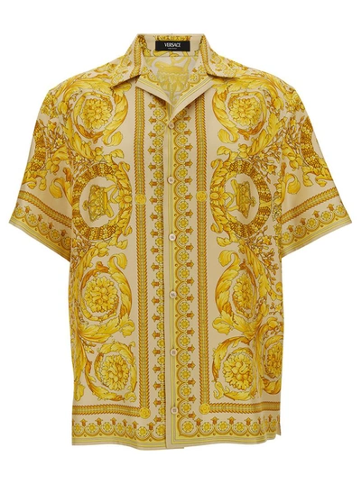 Shop Versace Silk Barocco Champagne Print Bowling In Yellow