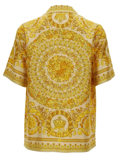 Shop Versace Silk Barocco Champagne Print Bowling In Yellow