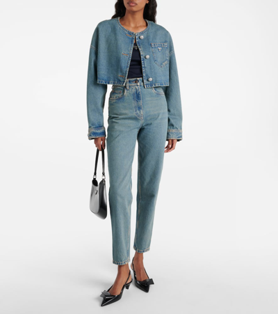 Prada Front Embossed Mini Dress Re-nylon Round Neck In Blue