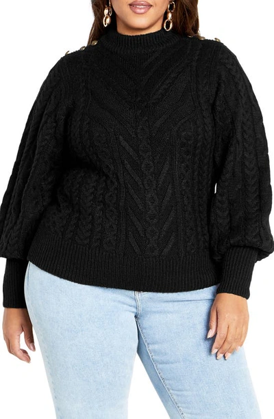 Shop City Chic Saskia Button Shoulder Mock Neck Cable Stitch Sweater In Black