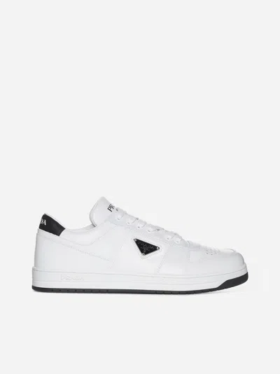 Shop Prada Downtown Leather Sneakers In White,black