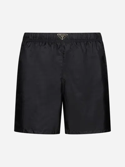 Shop Prada Logo-plaque Re-nylon Swim Shorts In Black