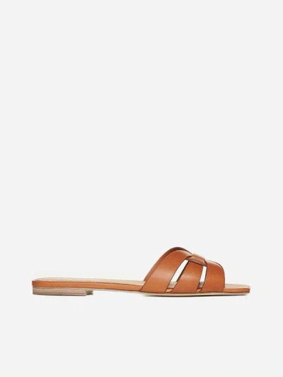 Shop Saint Laurent Tribute Leather Flat Sandals In Amber