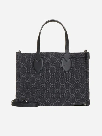 Shop Gucci Ophidia Gg Denim Medium Tote Bag In Black,grey