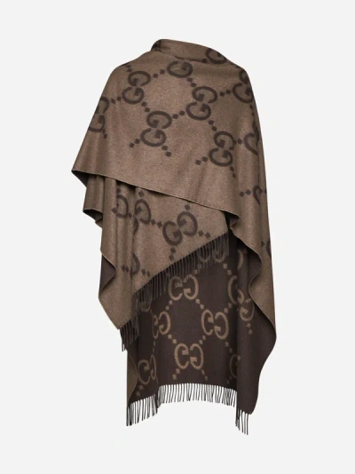 Shop Gucci Gg Cashmere Reversible Poncho In Beige,dark Brown