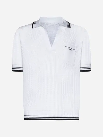 Shop Prada Jacquard Knit Polo Shirt In White,black