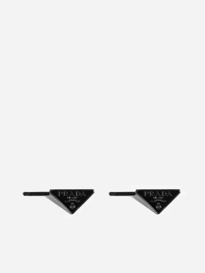 Shop Prada Logo Hair Clips In Black