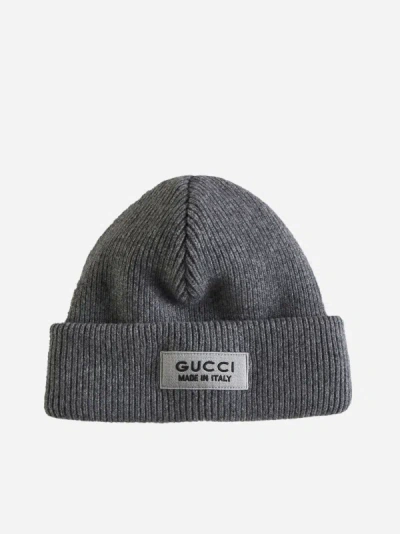 Shop Gucci Logo Wool Beanie In Grey
