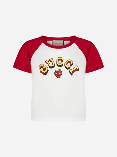 Shop Gucci Logo Print Cotton T-shirt In White,red