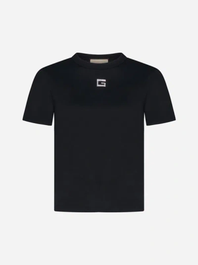 Shop Gucci Rhinestoned Logo Cotton T-shirt In Black