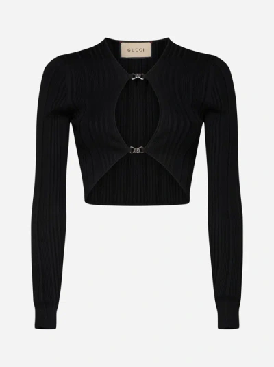 Shop Gucci Viscose And Silk Knit Crop Top In Black