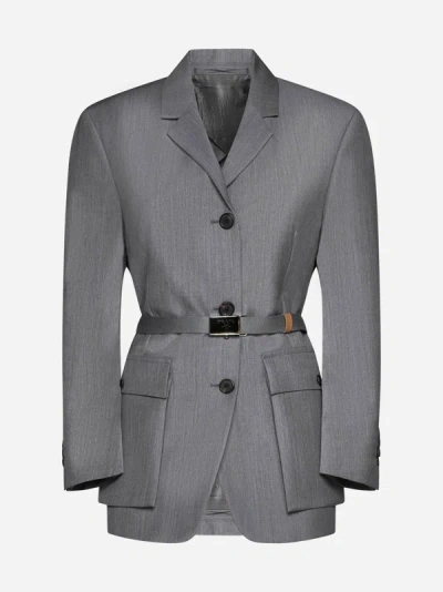 Shop Prada Mohair And Wool Belted Blazer In Grey