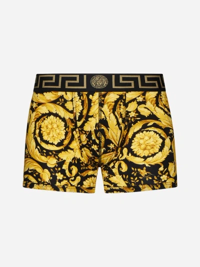 Shop Versace Barocco Print Cotton Boxer Shorts In Black,gold