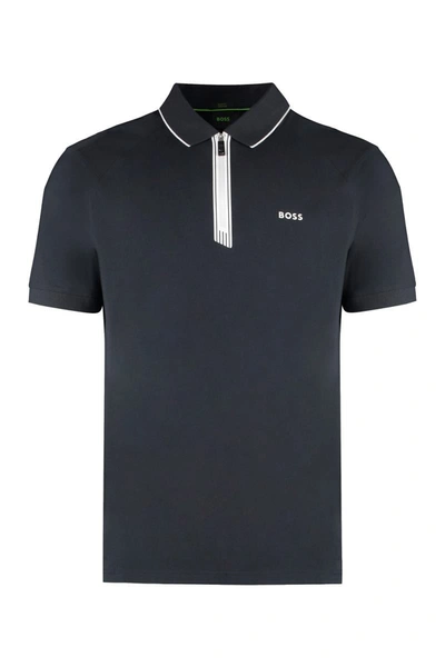 Shop Hugo Boss Boss Logo Print Cotton Polo Shirt In Blue