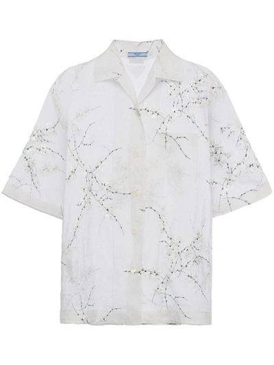 Shop Prada Floral-embroidered Short-sleeved Sheer Shirt In Bianco