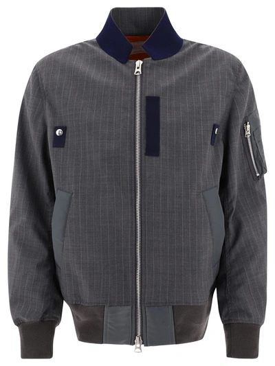 Shop Sacai Pinstriped Bomber Jacket In Grey