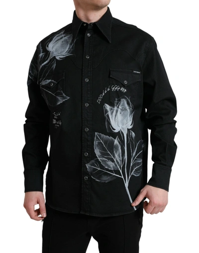 Shop Dolce & Gabbana Black Floral Cotton Collared Dress Shirt