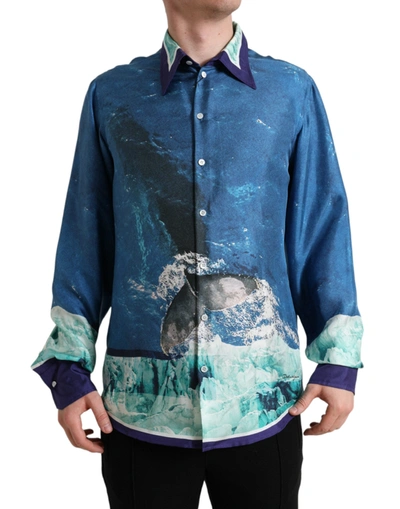 Shop Dolce & Gabbana Blue Ocean Print Silk Collared Button Down Shirt