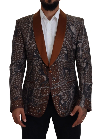 Shop Dolce & Gabbana Bronze Monkey Print Silk Slim Jacket Blazer