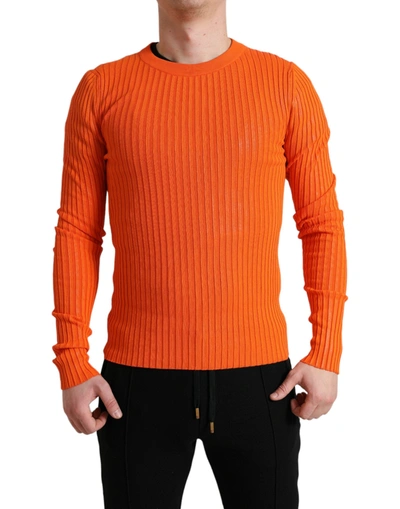 Shop Dolce & Gabbana Orange Knitted Crewneck Men Pullover Sweater