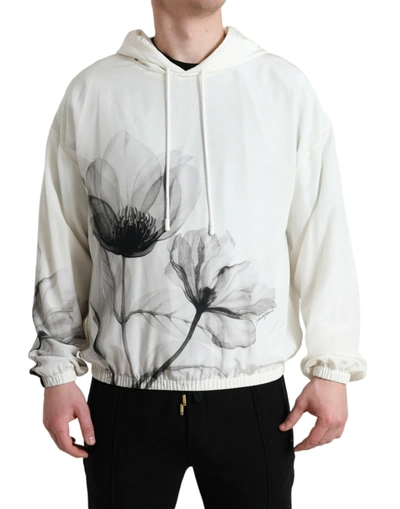 Shop Dolce & Gabbana White Floral Print Hooded Pullover Sweater