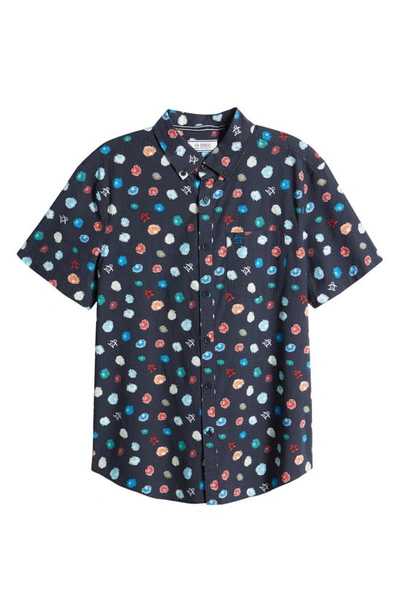 Shop Original Penguin Floral Short Sleeve Stretch Button-down Shirt In Dark Sapphire