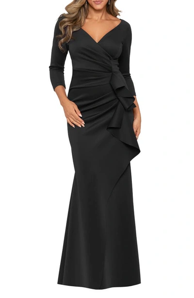 Shop Xscape Ruched Scuba Ruffle Gown In Black
