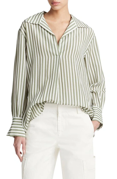 Shop Vince Coastal Stripe Long Sleeve Shirt In Sea Fern/ Optic White