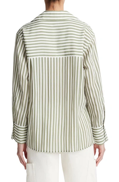 Shop Vince Coastal Stripe Long Sleeve Shirt In Sea Fern/ Optic White