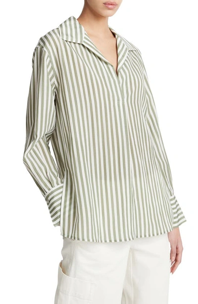 Shop Vince Coastal Stripe Long Sleeve Shirt In Sea Fern/ Optic White